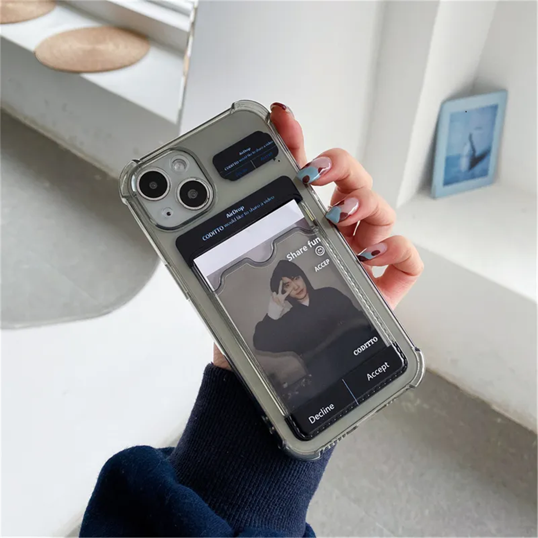 Apple iPhone 14 plus silicone grijs Back cover met pasje houder Telefoonhoesje